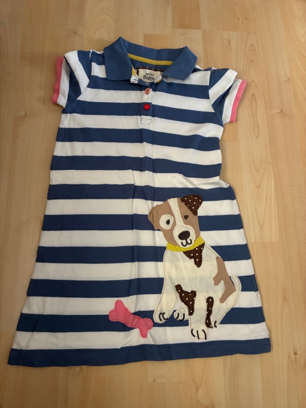 Mini Boden Blue & White Striped Dress with Dog Appliqué and Pink Trim